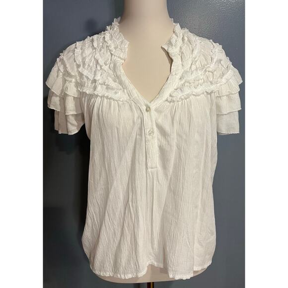Anthropologie Maeve Short Sleeve Ruffle Yoke Blouse in White - Picture 2 of 11
